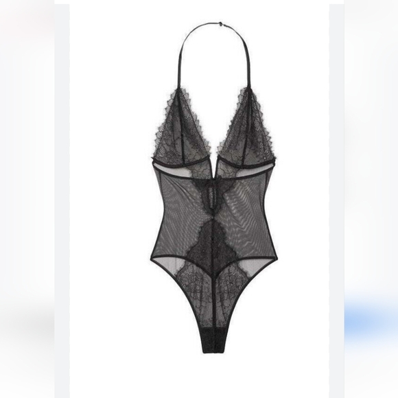 VICTORIA'S SECRET Black V-Wire Lace Plunge Teddy Halter Neck Thong Back.SM NWT - Picture 12 of 12